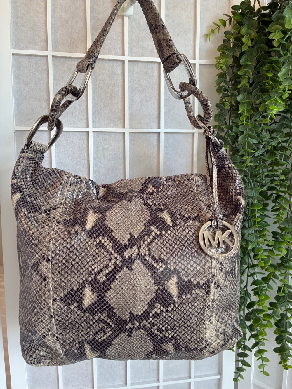Michael Kors Taupe and Brown Snake-Print Hobo Bag in Excellent Condition